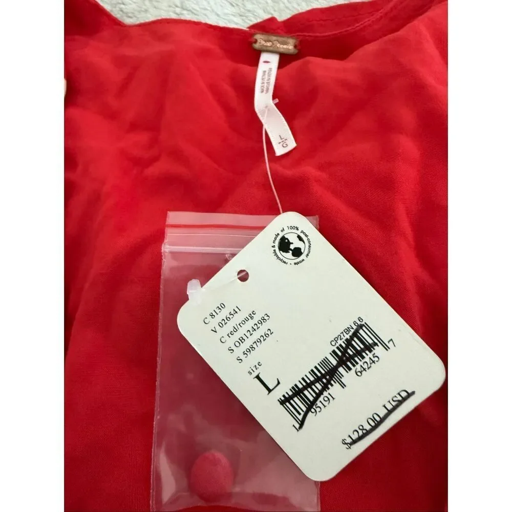 NET Free People Red Floral Button Down Ruched Side Dress Size: L Free People